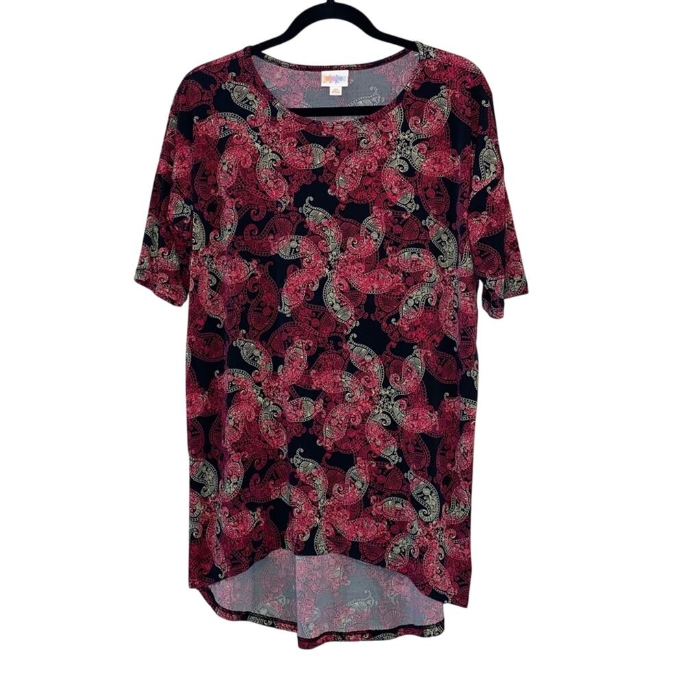 LuLaRoe Irma Tunic XS Black Red Paisley High Low Top Stretch Short Sleeve